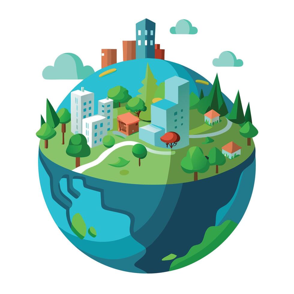 Elegant 3D Globe Icon with Natural and Urban Elements and Isolated Background vector