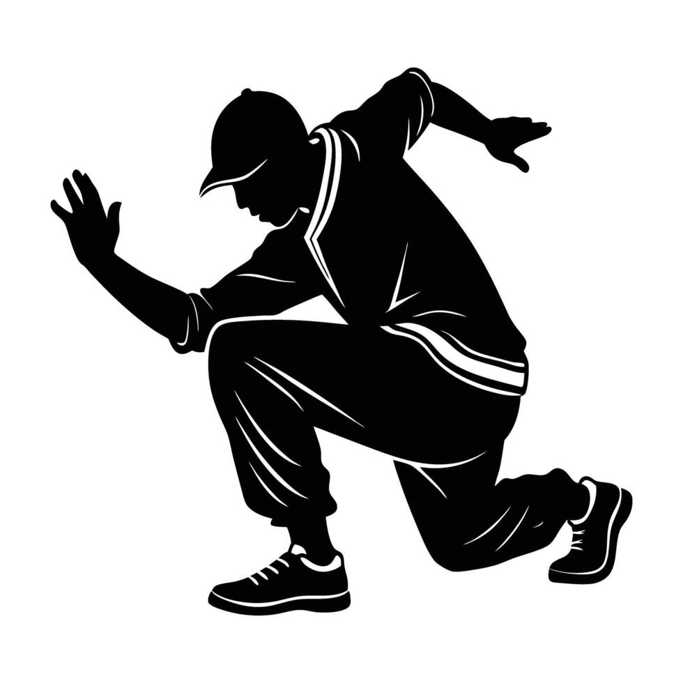 Street dancer in low crouched stance preparing for an explosive move vector
