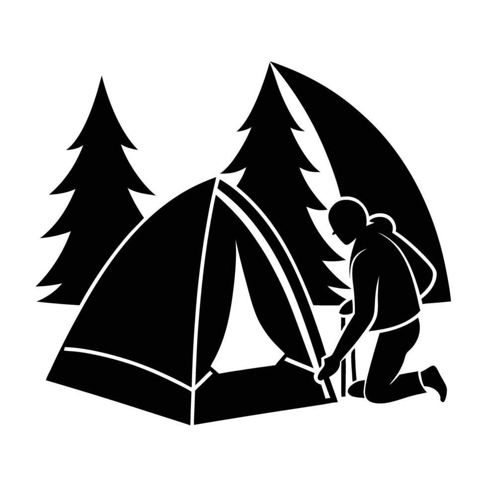 Determined backpacker setting up a tent in bold outdoor silhouette vector