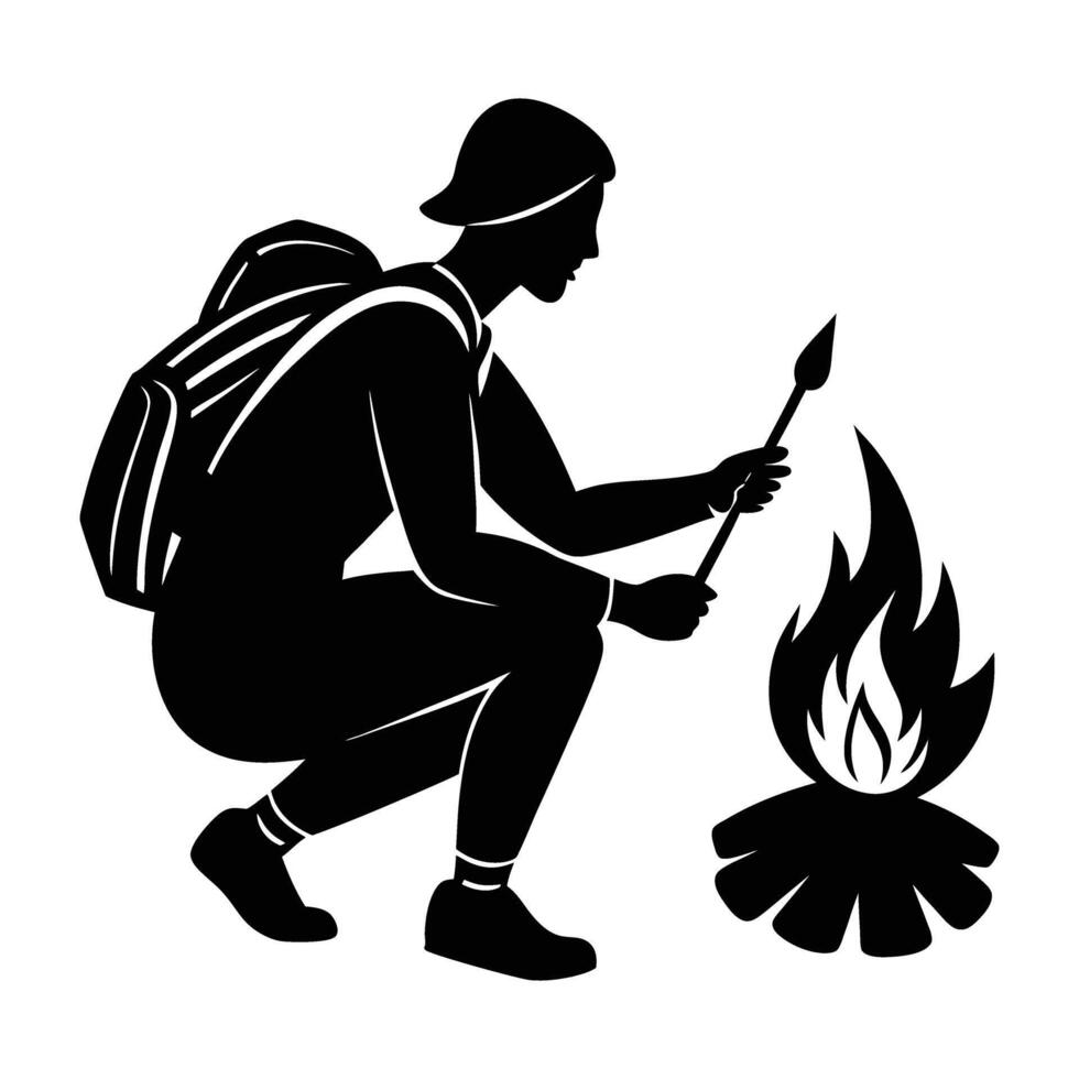 Rugged backpacker making a warm campfire in outdoor silhouette adventure vector
