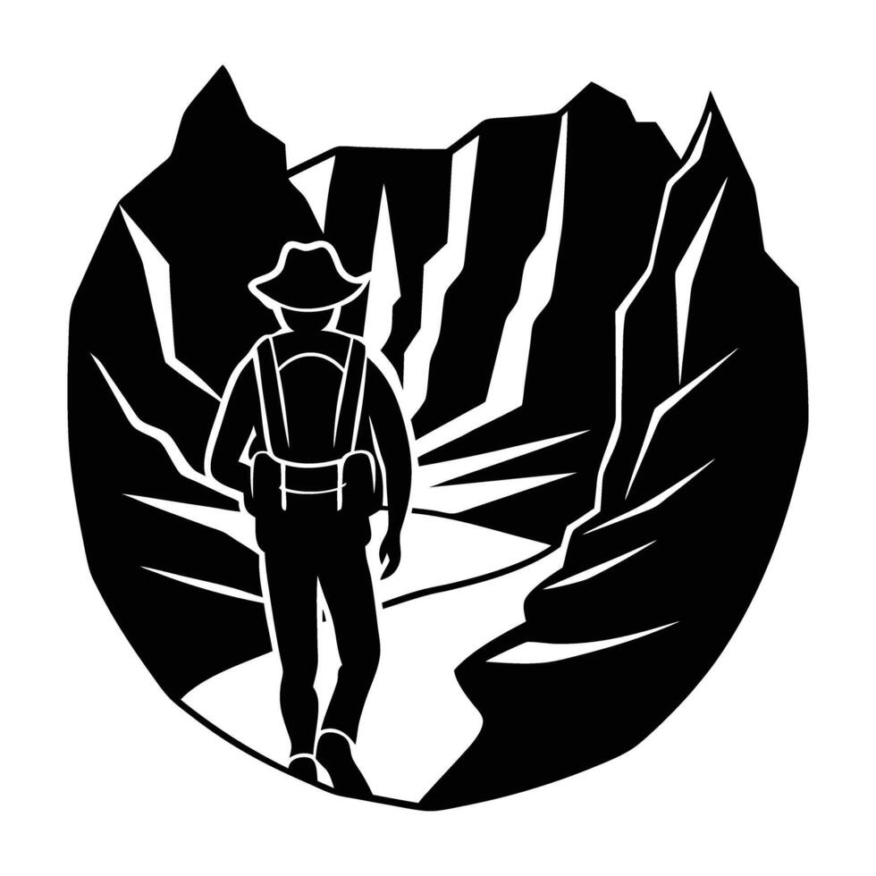 Adventurous backpacker walking through a majestic deep canyon in silhouette vector