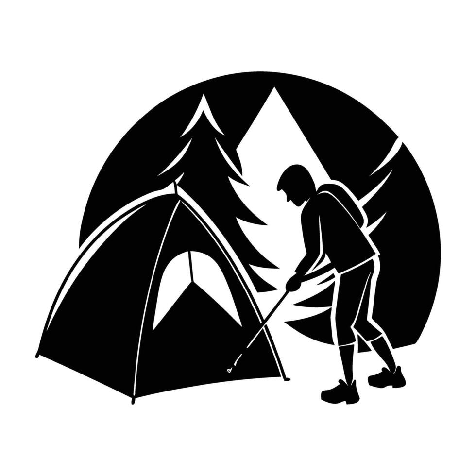 Confident backpacker erecting a tent in a crisp outdoor silhouette vector