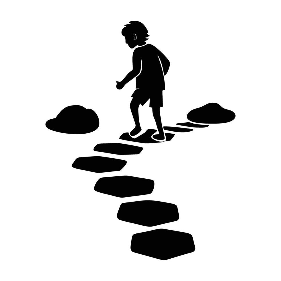 Adventurous person crossing a river using natural stepping stones in silhouette vector