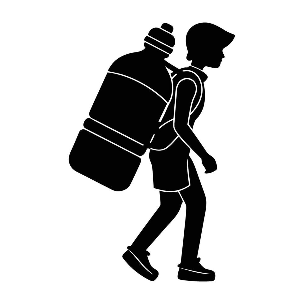 Energetic person hiking with a large water bottle securely attached in silhouette vector