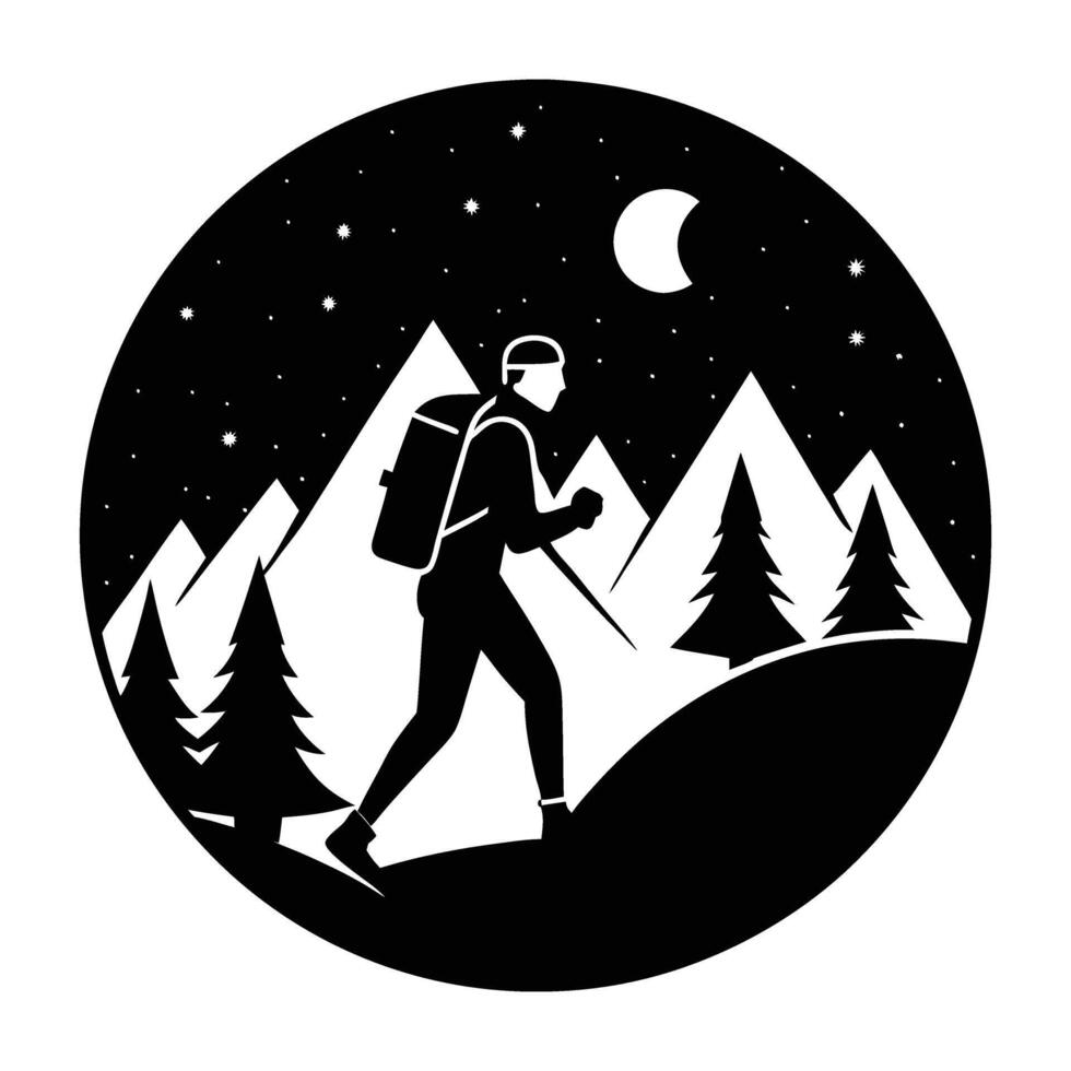 Brave person trekking at night with a glowing headlamp in silhouette vector