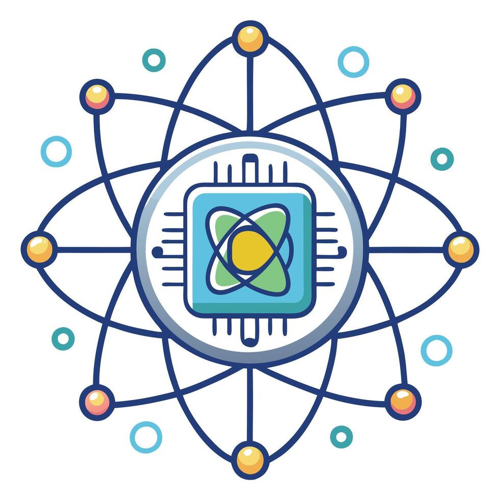 An atom symbol with a computer chip on it vector