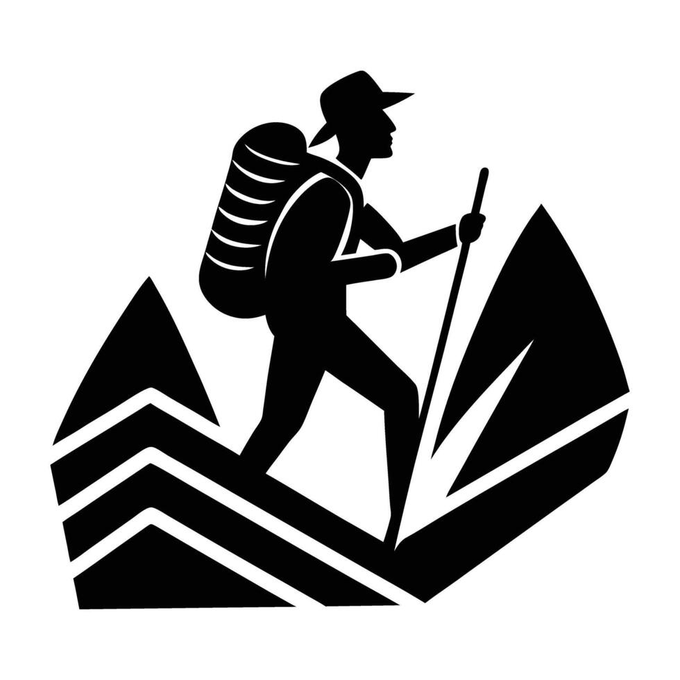 A resolute hiker trekking uphill with a sturdy backpack on a rugged trail vector