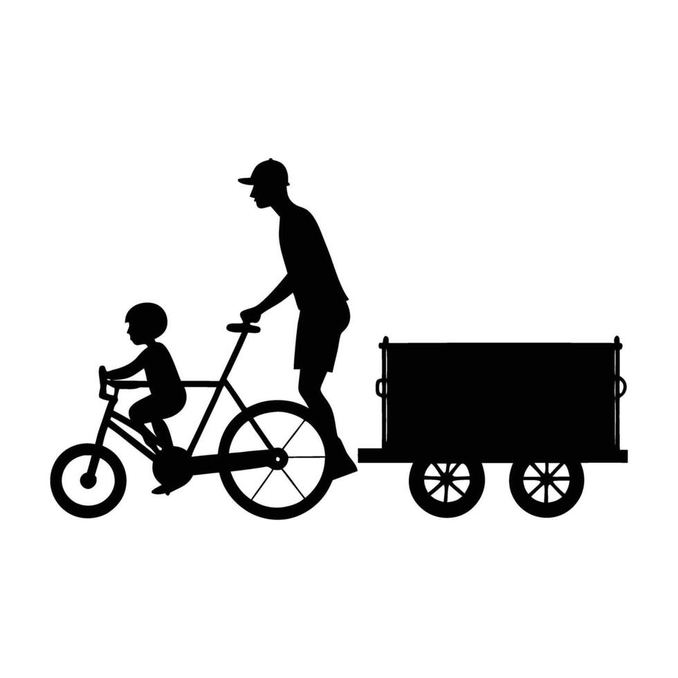 Steady cyclist towing a child trailer in a secure silhouette vector