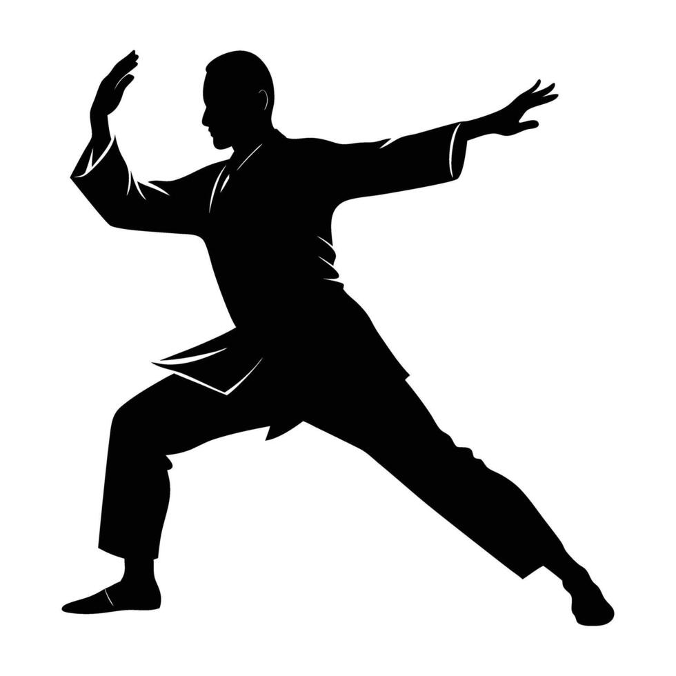 Calm individual practicing slow tai chi with graceful movements and inner balance silhouette vector