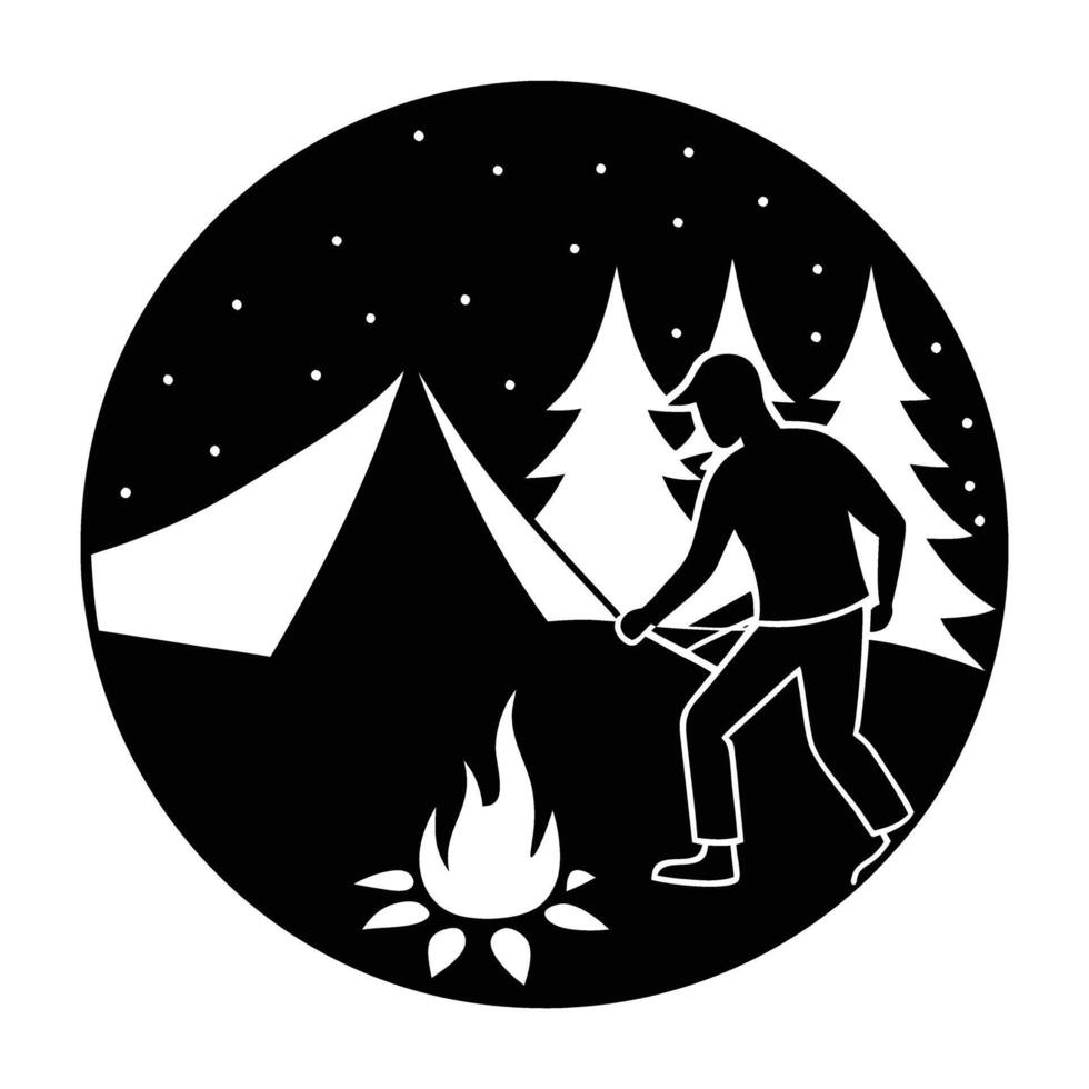 Adventurous person igniting a warm campfire at a campsite under starry night silhouette vector