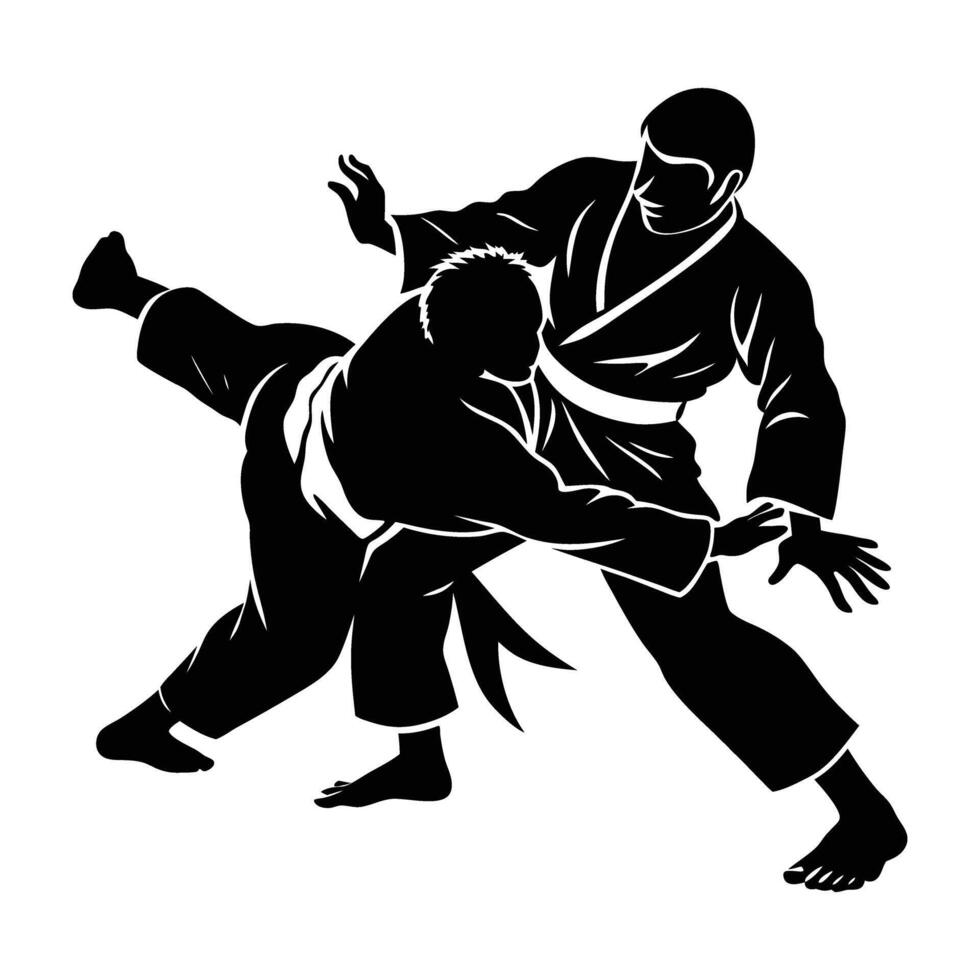 Intense judo fighter gripping an opponent firmly during a competitive match silhouette vector