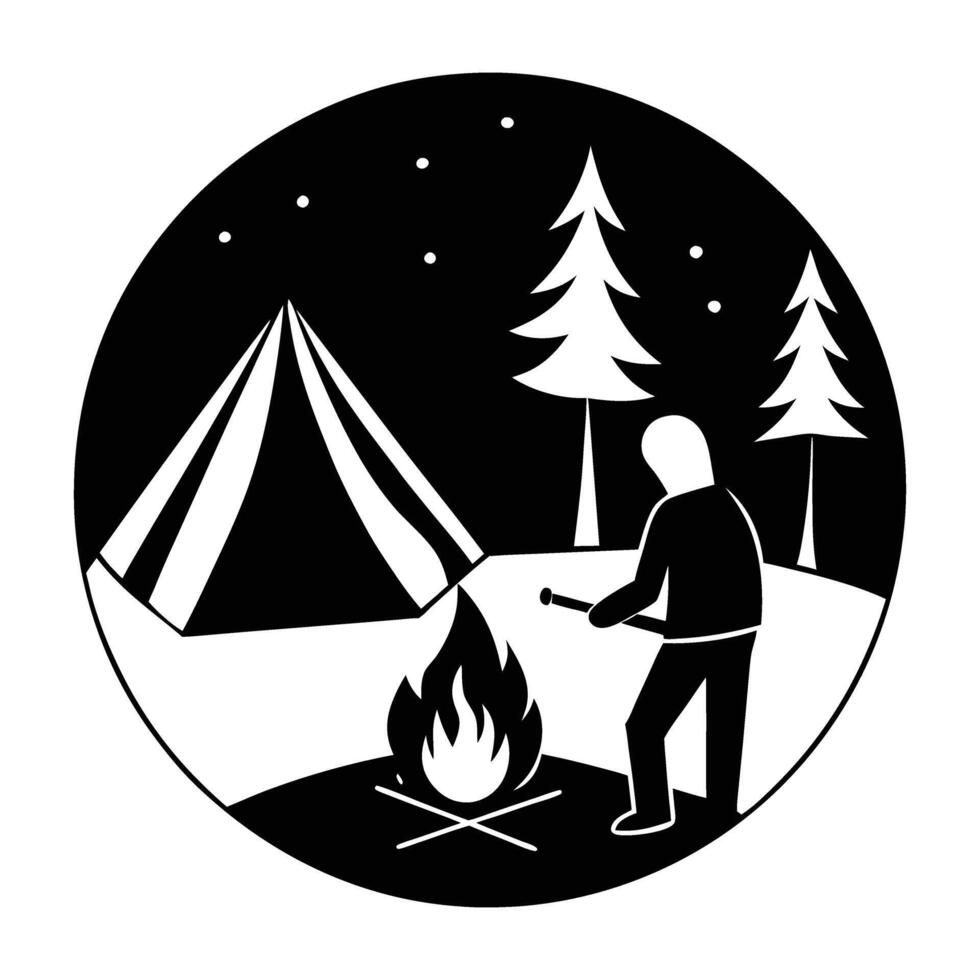 Resourceful individual lighting a cozy campfire at a campsite with warm glow silhouette vector