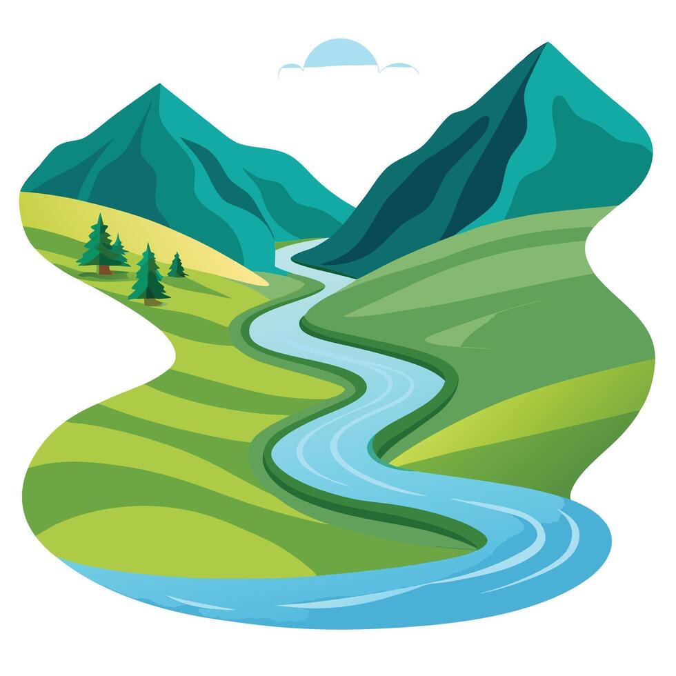 River Icon Winding through a Valley and Isolated Background vector