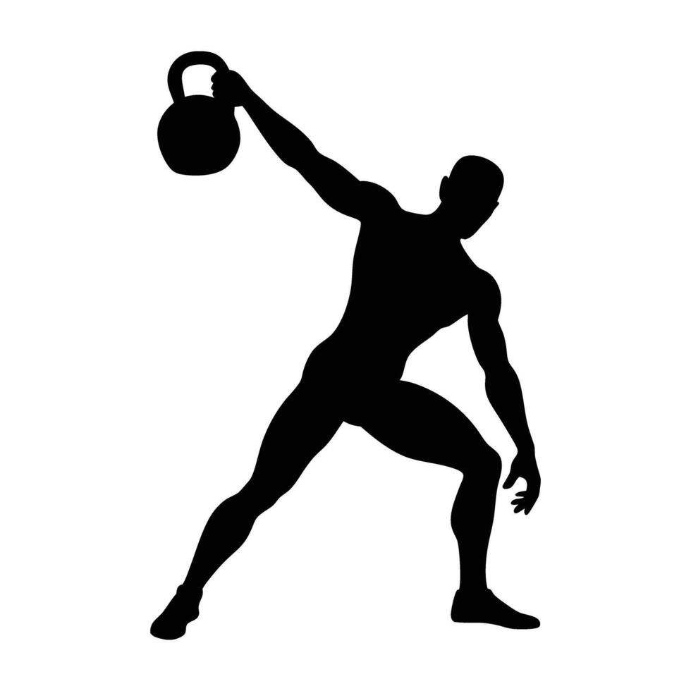 A focused man performing a one-arm kettlebell clean with exceptional precision vector