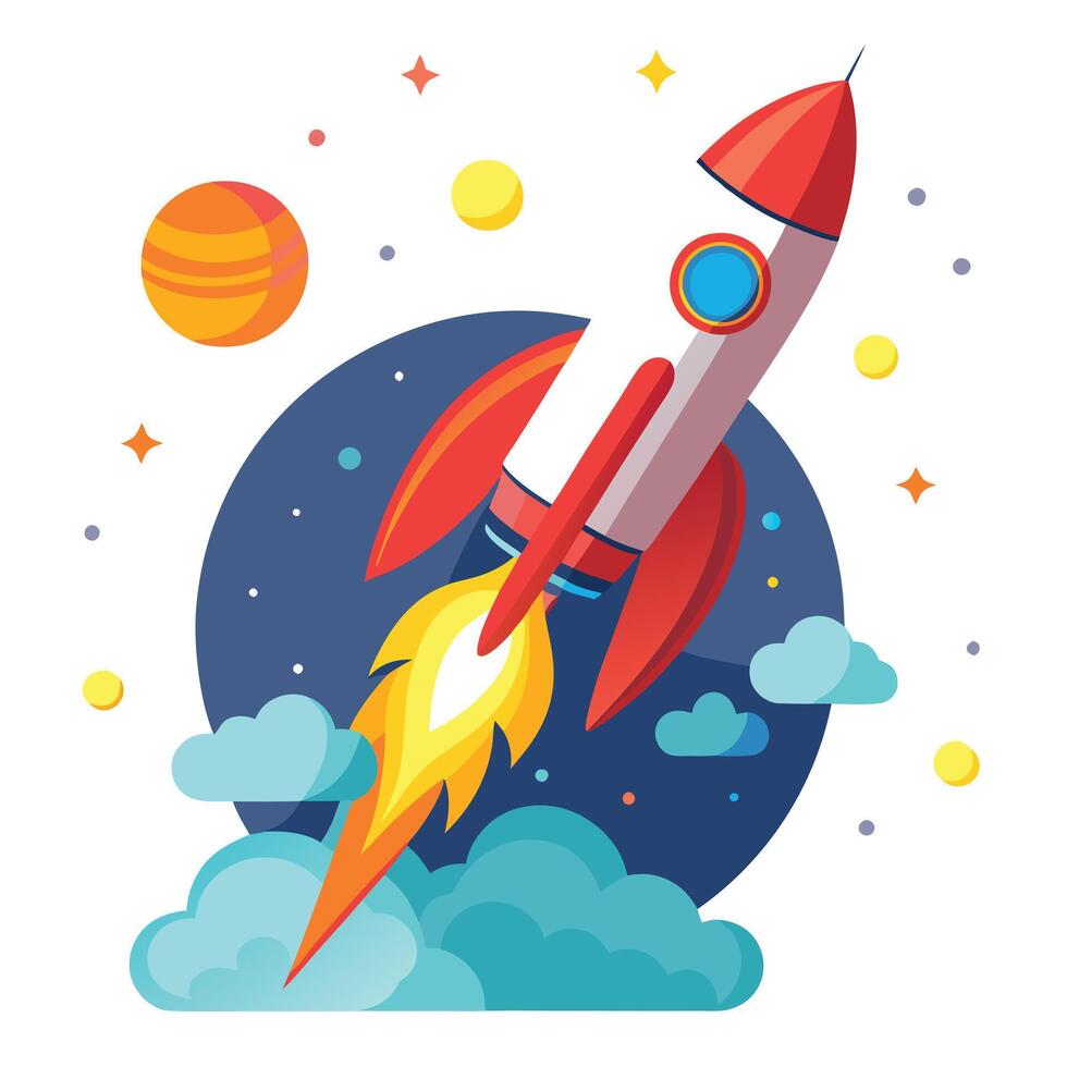 Rocket Launching into Space Icon and Isolated Background vector