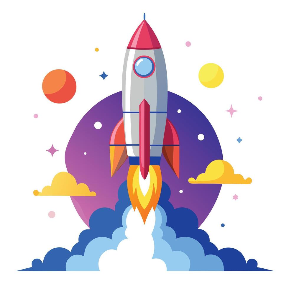 Modern Rocket Launching into Space Icon and Isolated Background vector