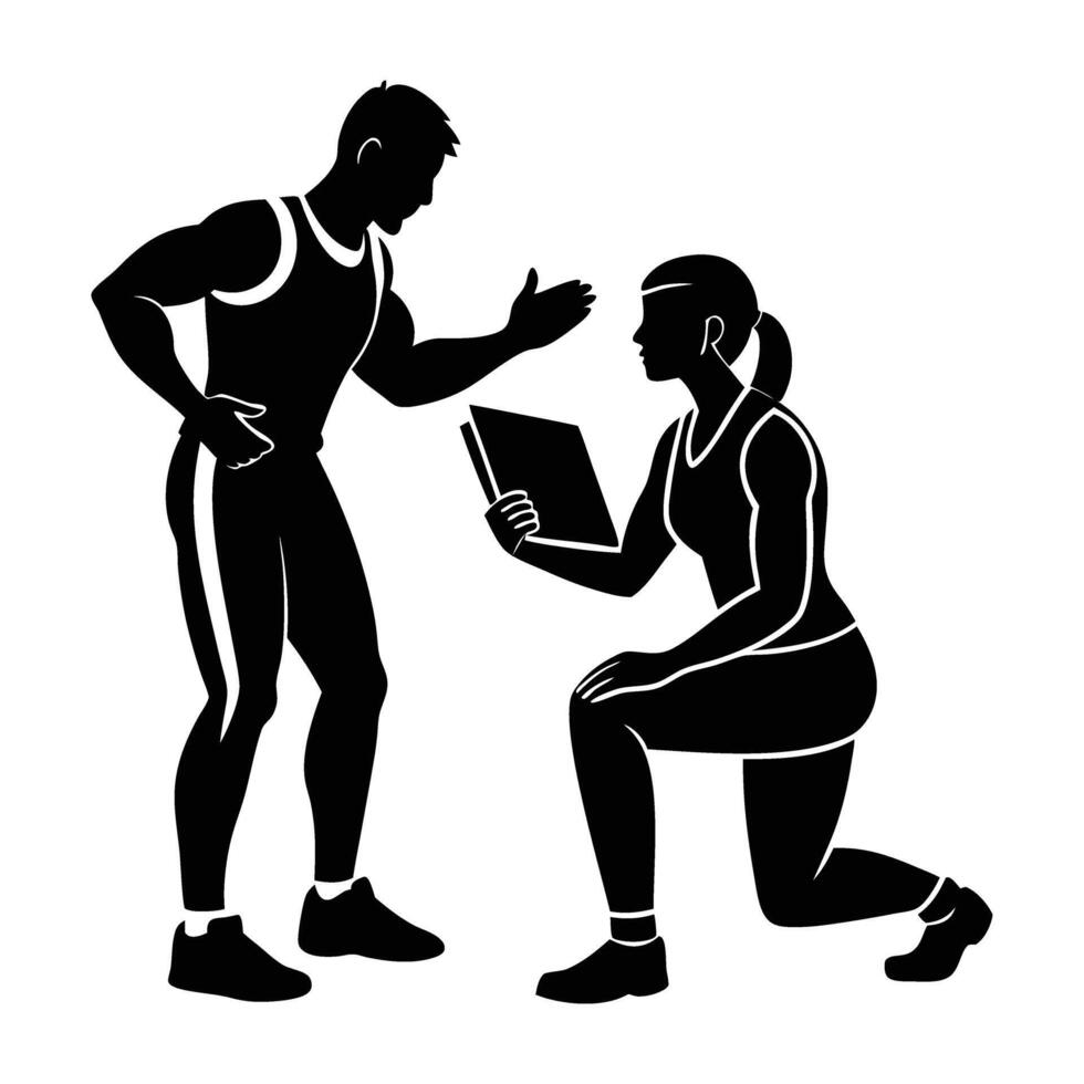 Energetic personal trainer coaching a client with motivational drive in silhouette vector
