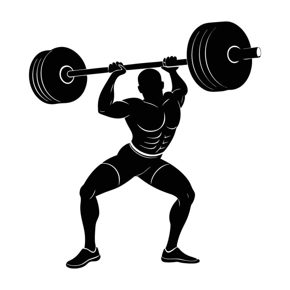Focused man performing a barbell clean and press with impressive strength silhouette vector