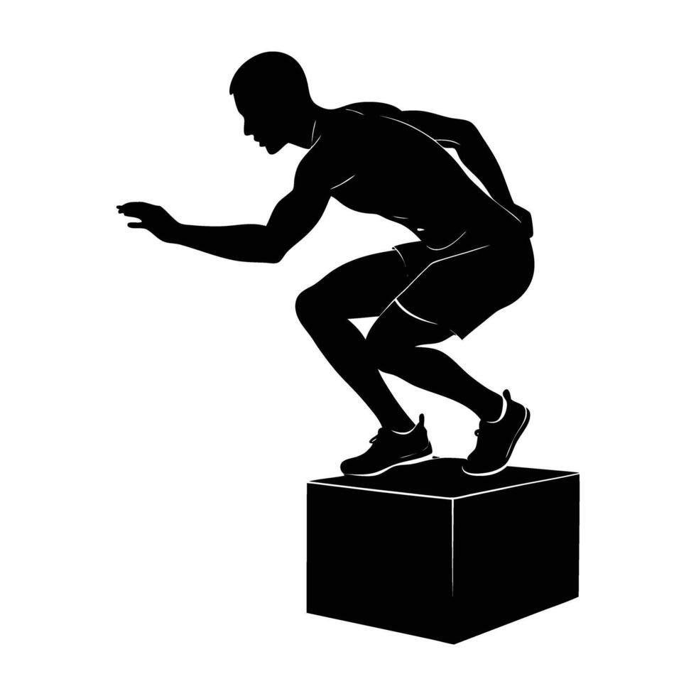 A skilled man landing a box jump with powerful and controlled precision vector