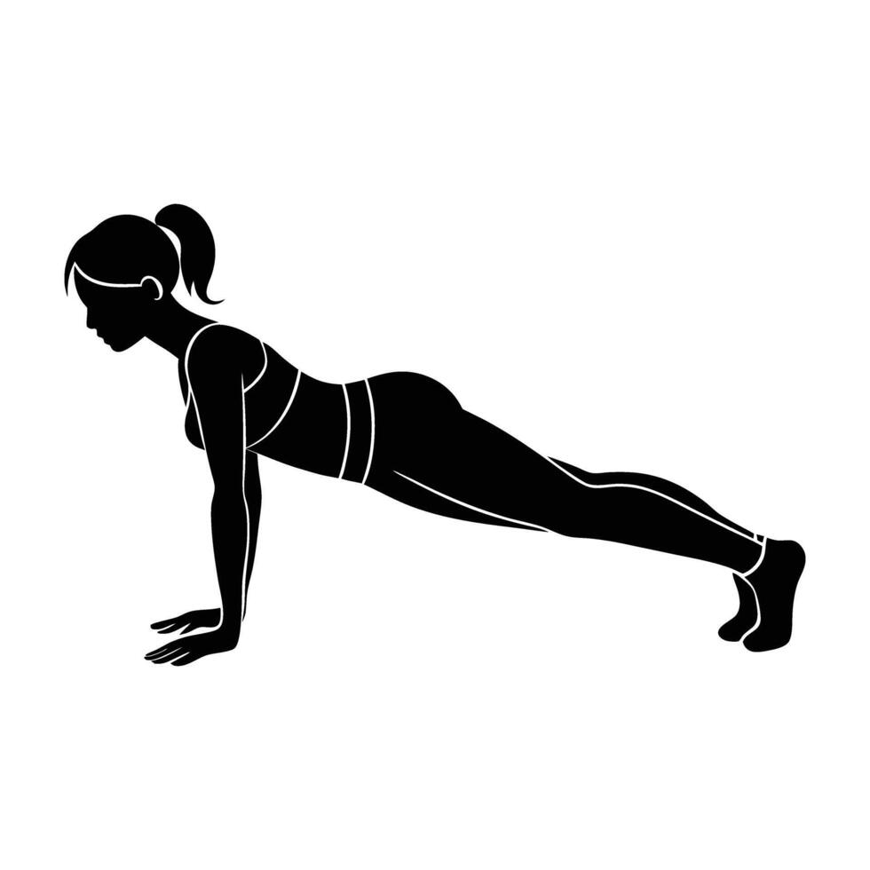 Focused woman executing a challenging plank with a leg lift for enhanced core strength silhouette vector
