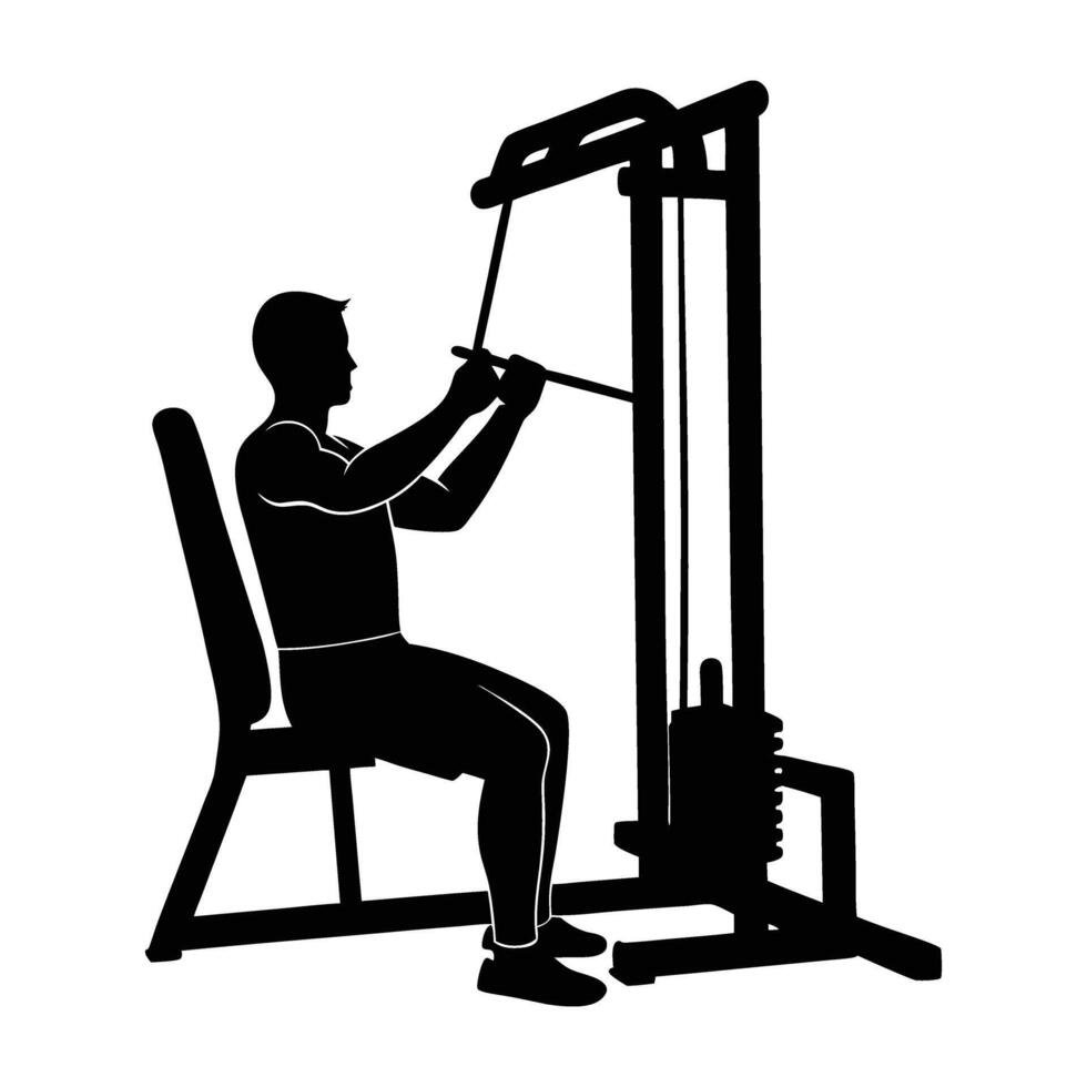 Determined individual executing a lat pulldown with controlled power and steady technique silhouette vector