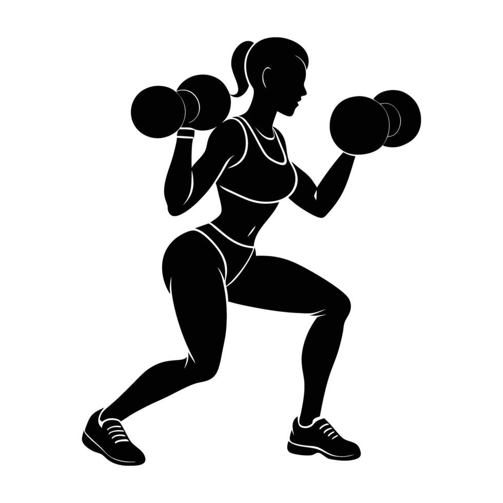 Woman Performing Squats with Dumbbells in a Powerful Silhouette vector