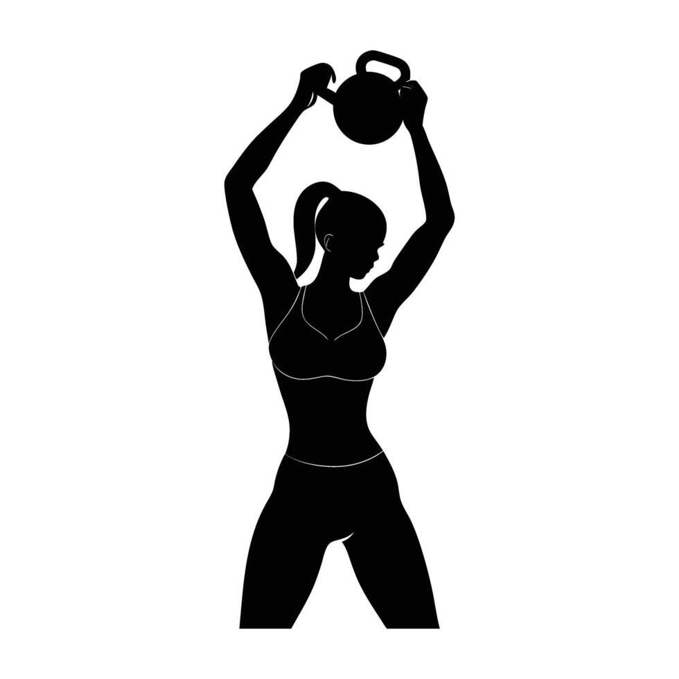 Woman Performing a One-Arm Kettlebell Press in a Focused Silhouette vector