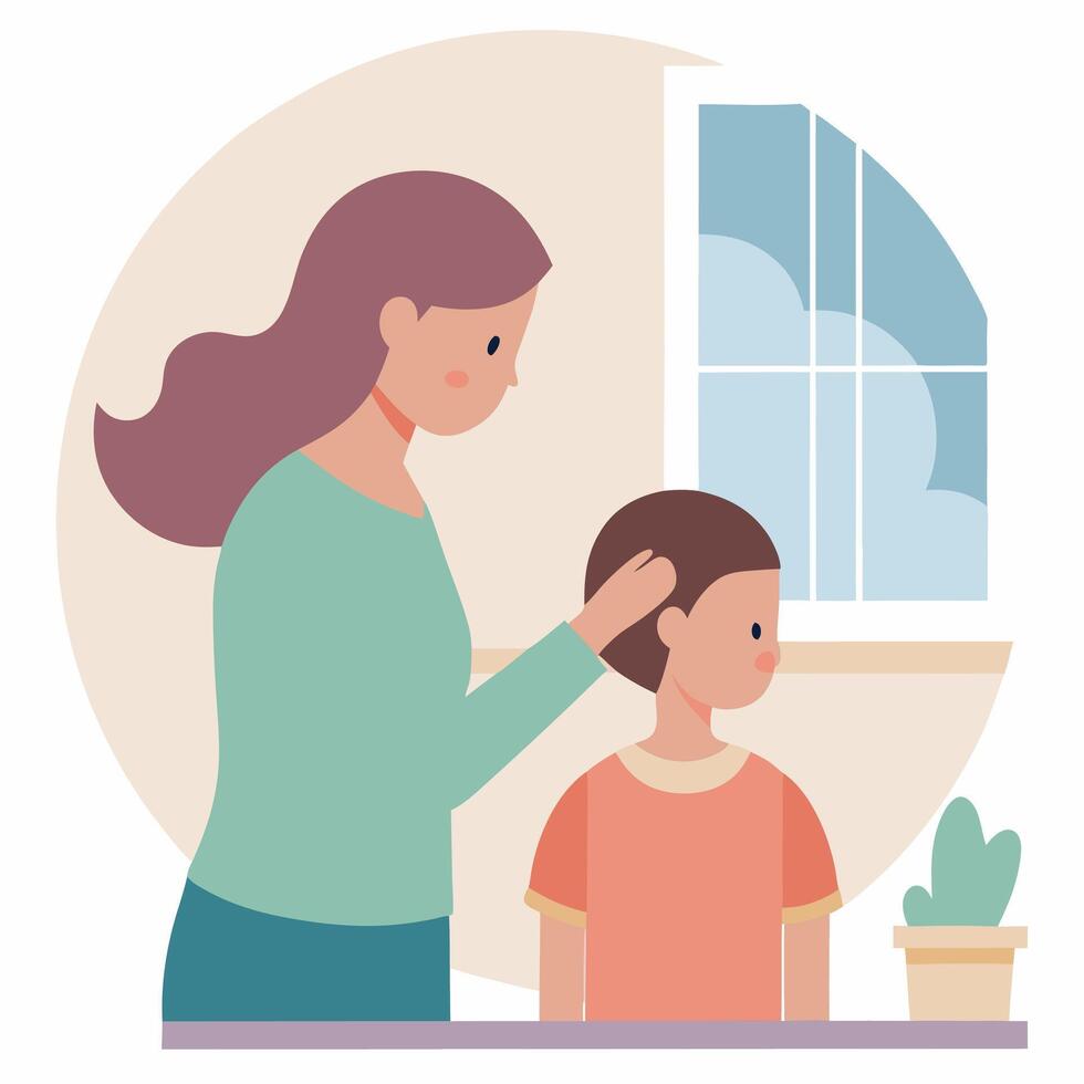 Gentle Mothers Day Scene of a Mother Brushing Her Childs Hair Softly vector
