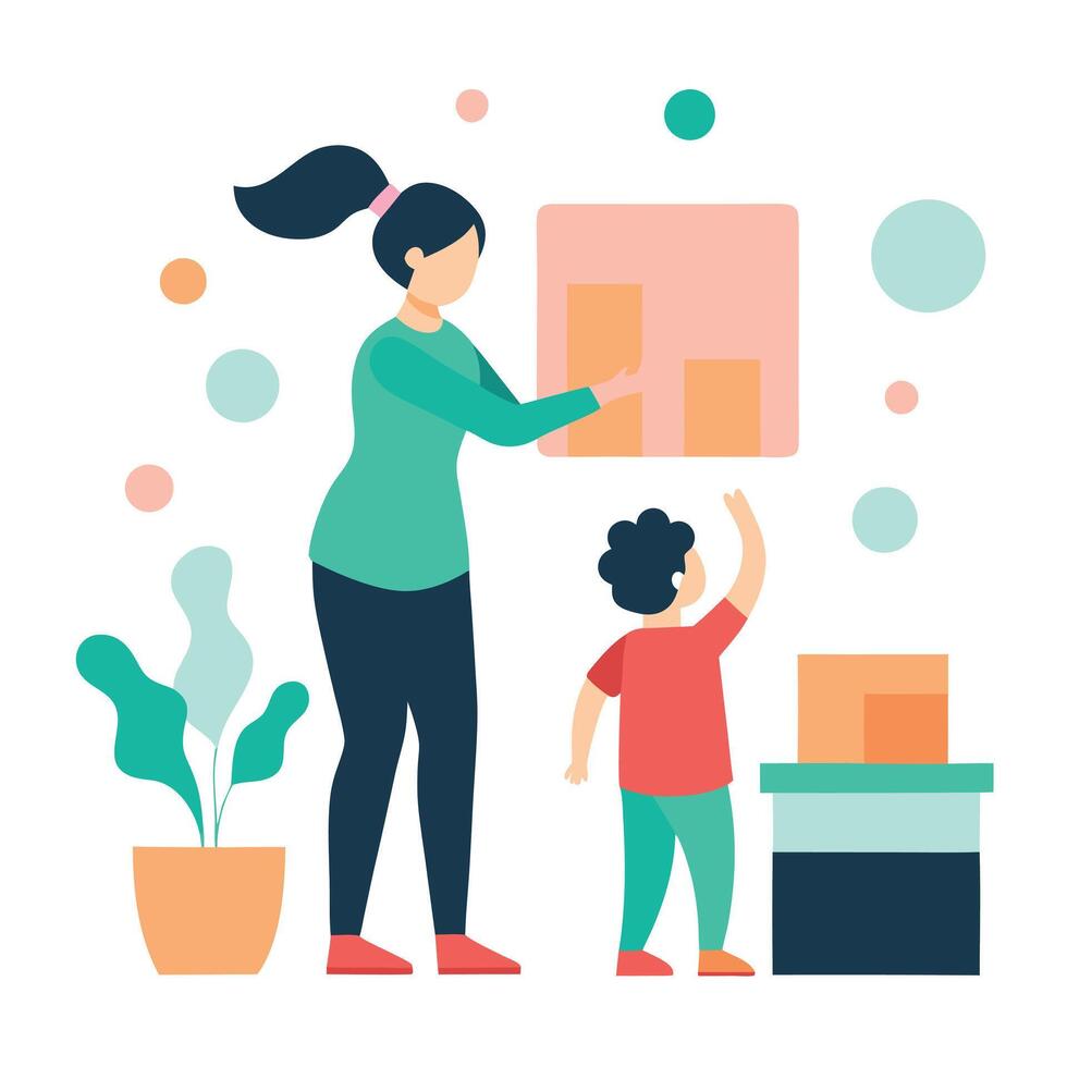 Creative Mothers Day Scene of a Mother and Child Arranging Special Moments vector