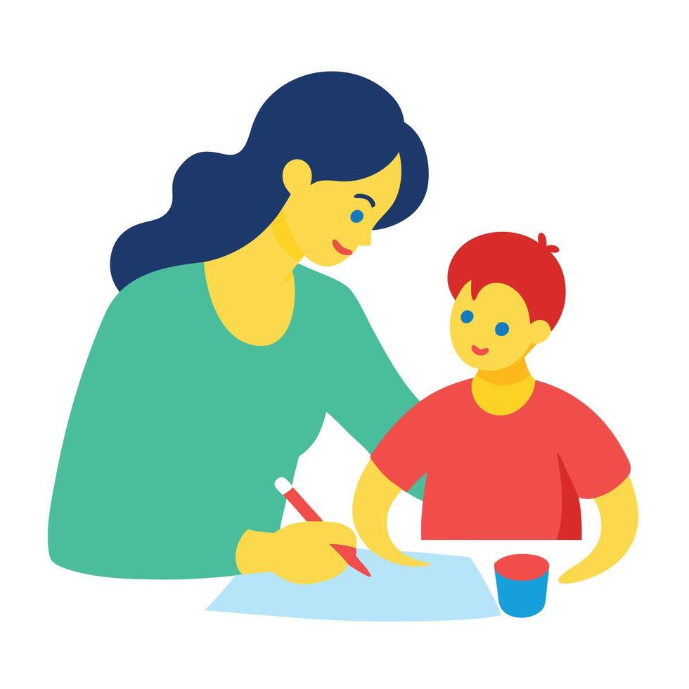 Creative Mothers Day Scene of a Mother Guiding Her Child Through Art vector