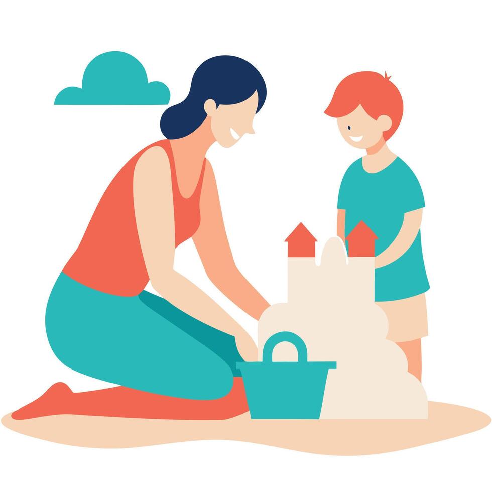 Mothers Day Illustration of a Mother and Child Building a Sandcastle by the Sea vector