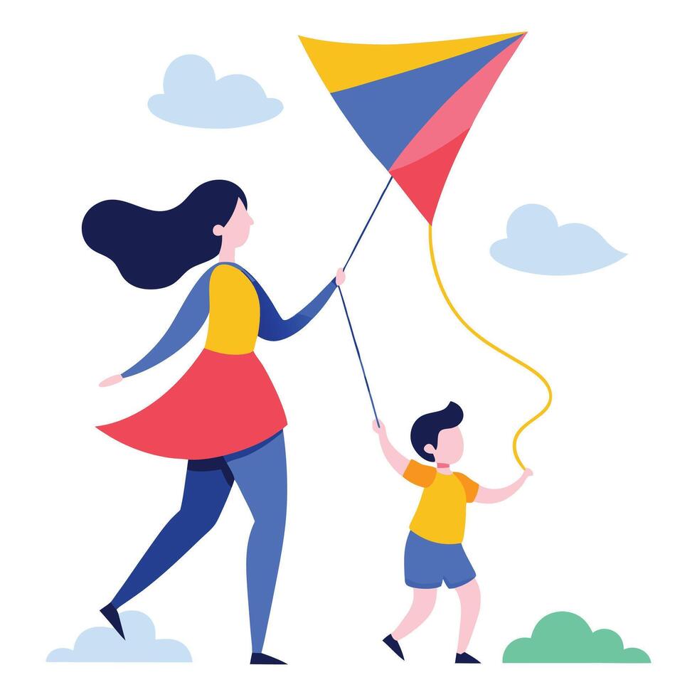 Mothers Day Illustration of a Mother and Child Flying a Kite on a Breezy Day vector