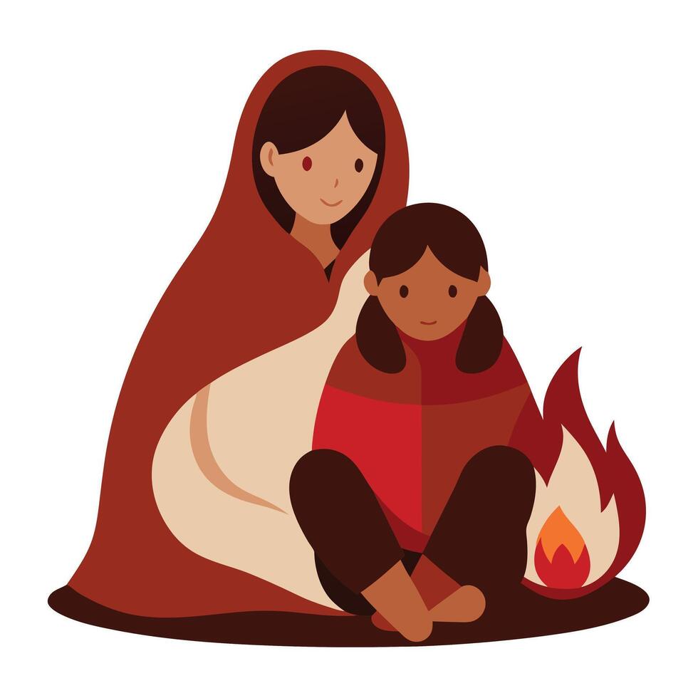Mothers Day Illustration of a Mother and Child Sitting by a Fireplace Wrapped in Warmth vector