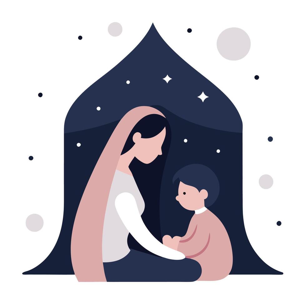 Magical Mothers Day Illustration of a Mother and Child Sitting in Dreamy Light vector