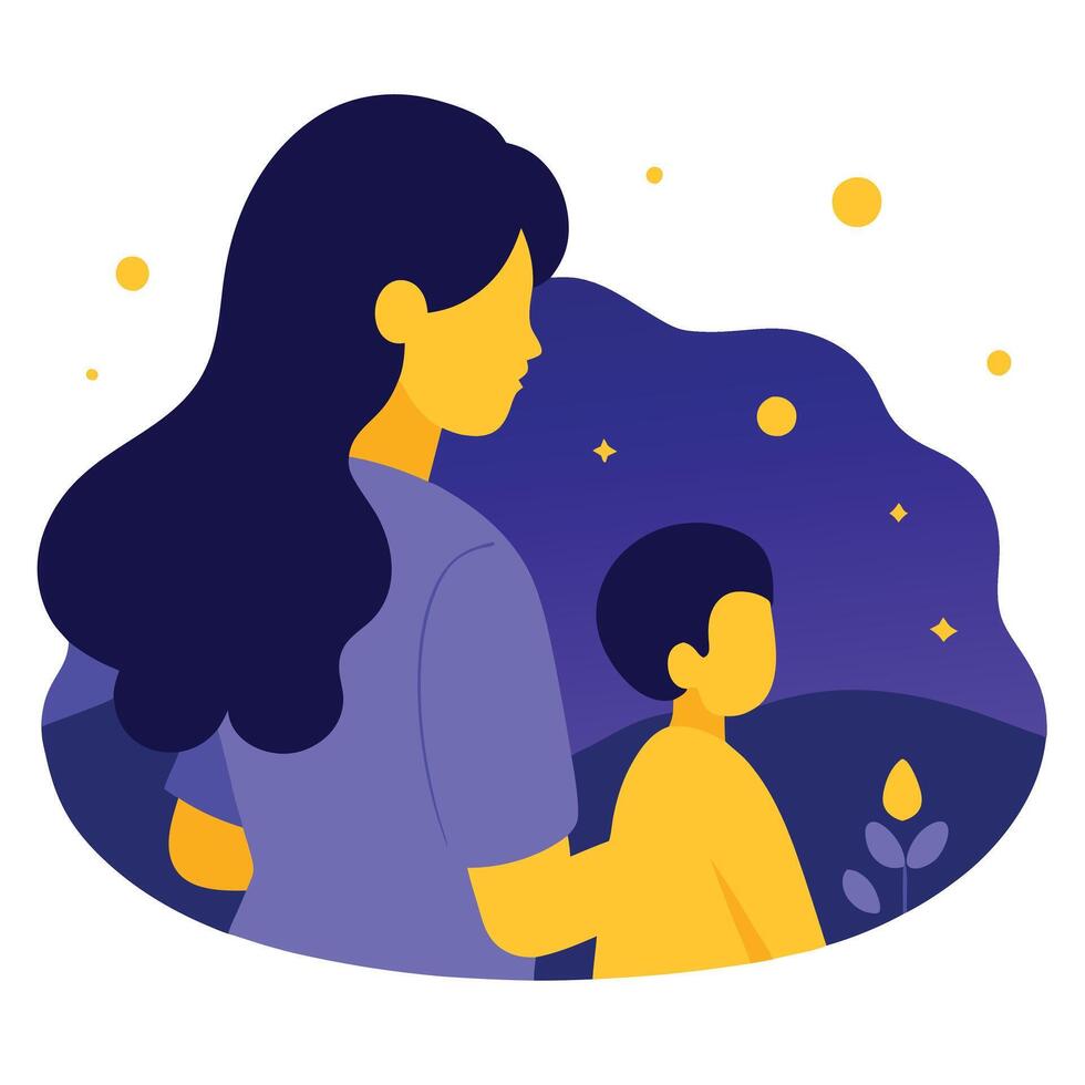 Magical Mothers Day Scene of a Mother and Child Watching Fireworks with Wonder vector