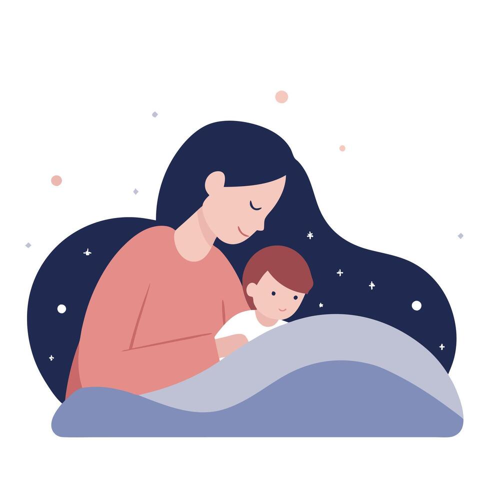 Tender Mothers Day Moment of a Mother Tucking Her Child into Bed Gently vector