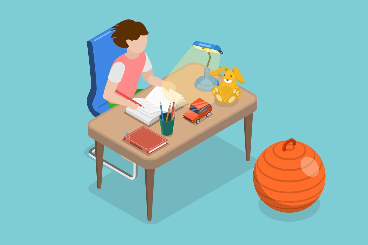3D Isometric Flat Conceptual Illustration of Kid Doing Homework, Learing and Education vector