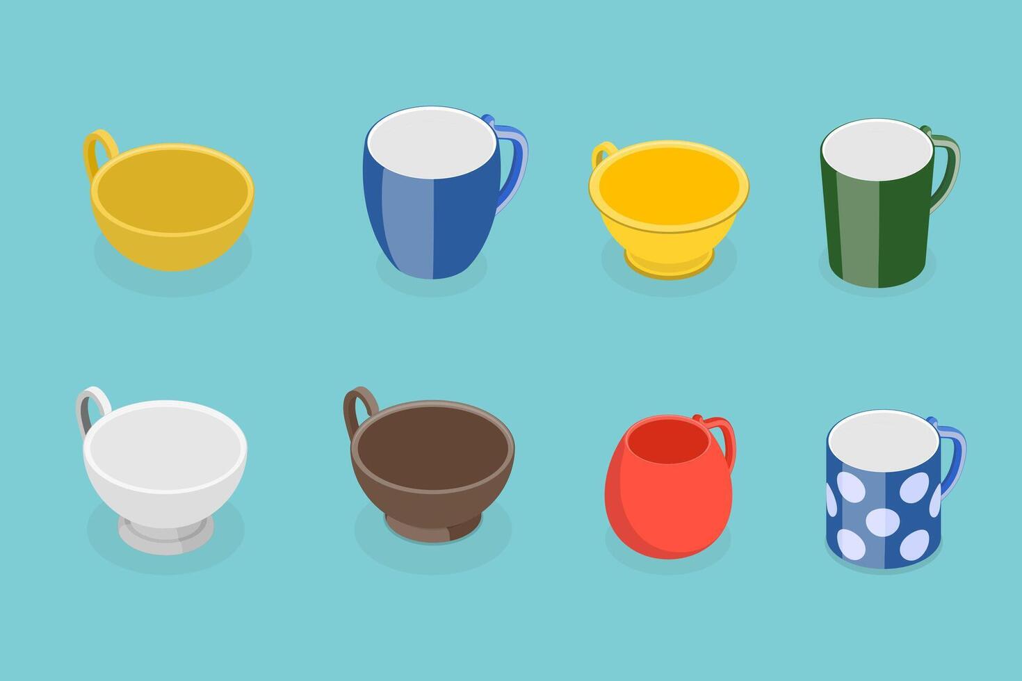 3D Isometric Flat Set of Tea or Coffee Cups, Mugs for Hot Beverages vector