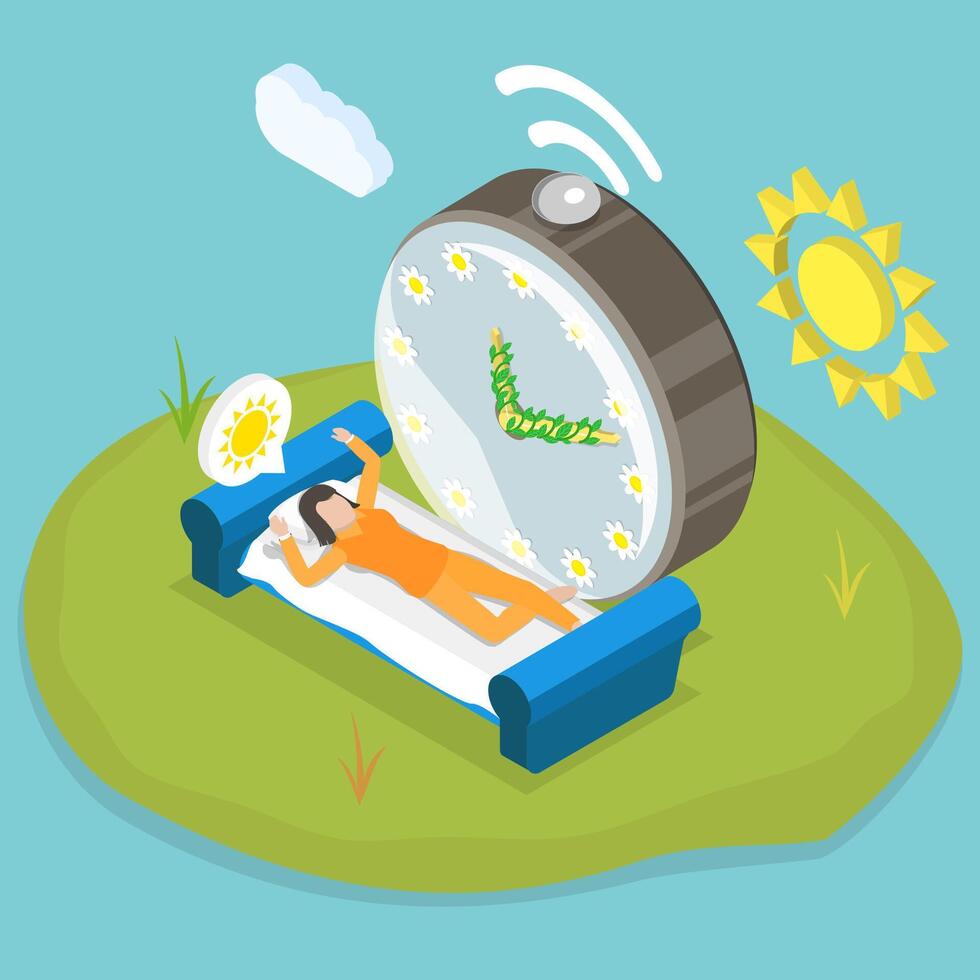 3D Isometric Flat Conceptual Illustration of Spring Clock Changes, Daylight Saving Time Begins vector