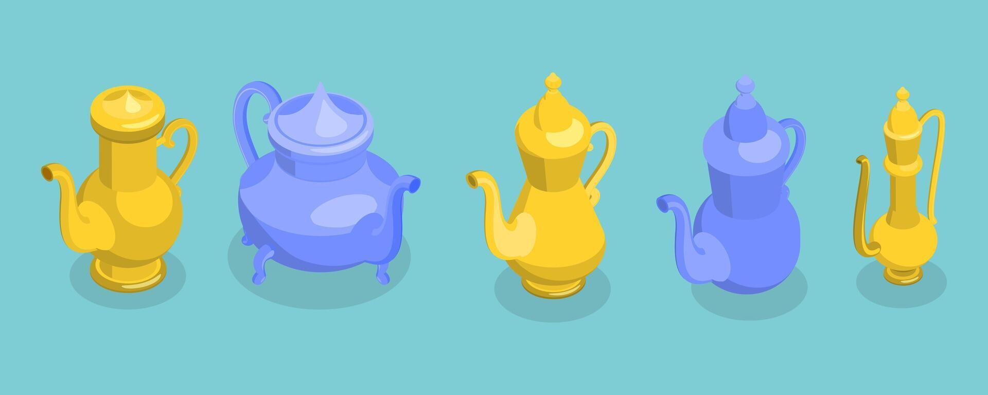 3D Isometric Flat Set of Arabic Teapot, Traditiona Ancient Eastern Kettle vector