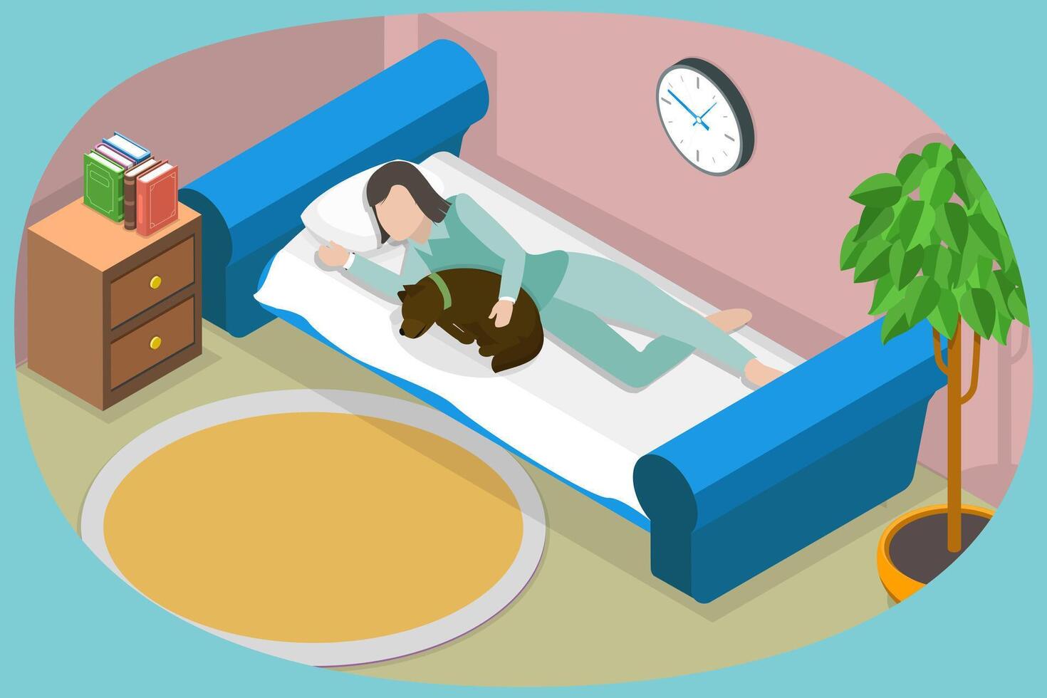 3D Isometric Flat Conceptual Illustration of Bedding With Dog, Lady Resting with Her Pet vector