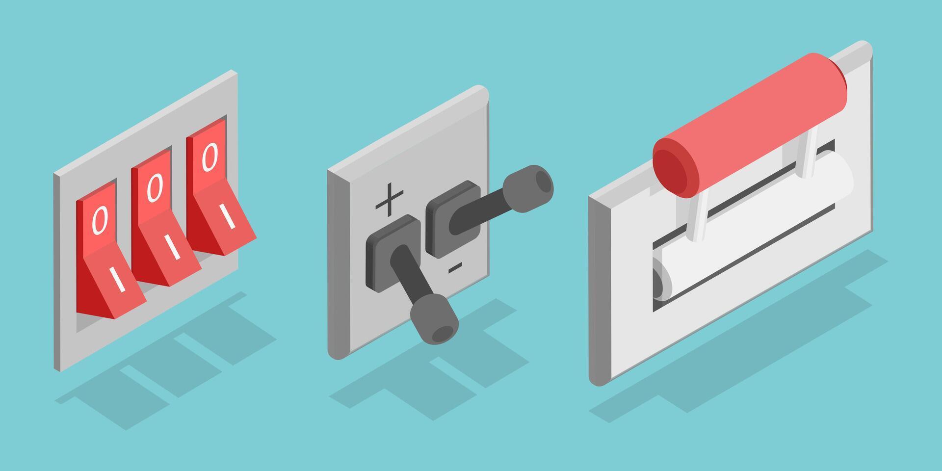 3D Isometric Flat Set of Electric Breakers, Switchboard Panel vector
