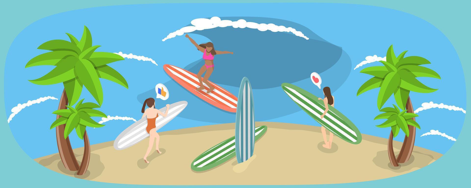 3D Isometric Flat Conceptual Illustration of Surfer Girls, Surfboards on the Beach with Palm Trees vector