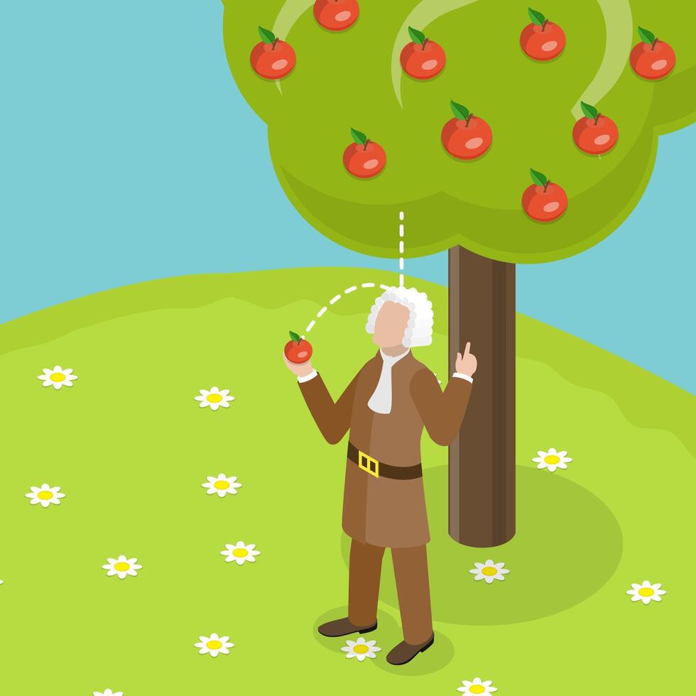 3D Isometric Flat Conceptual Illustration of Isaac Newton, Gravity Law Discovery vector