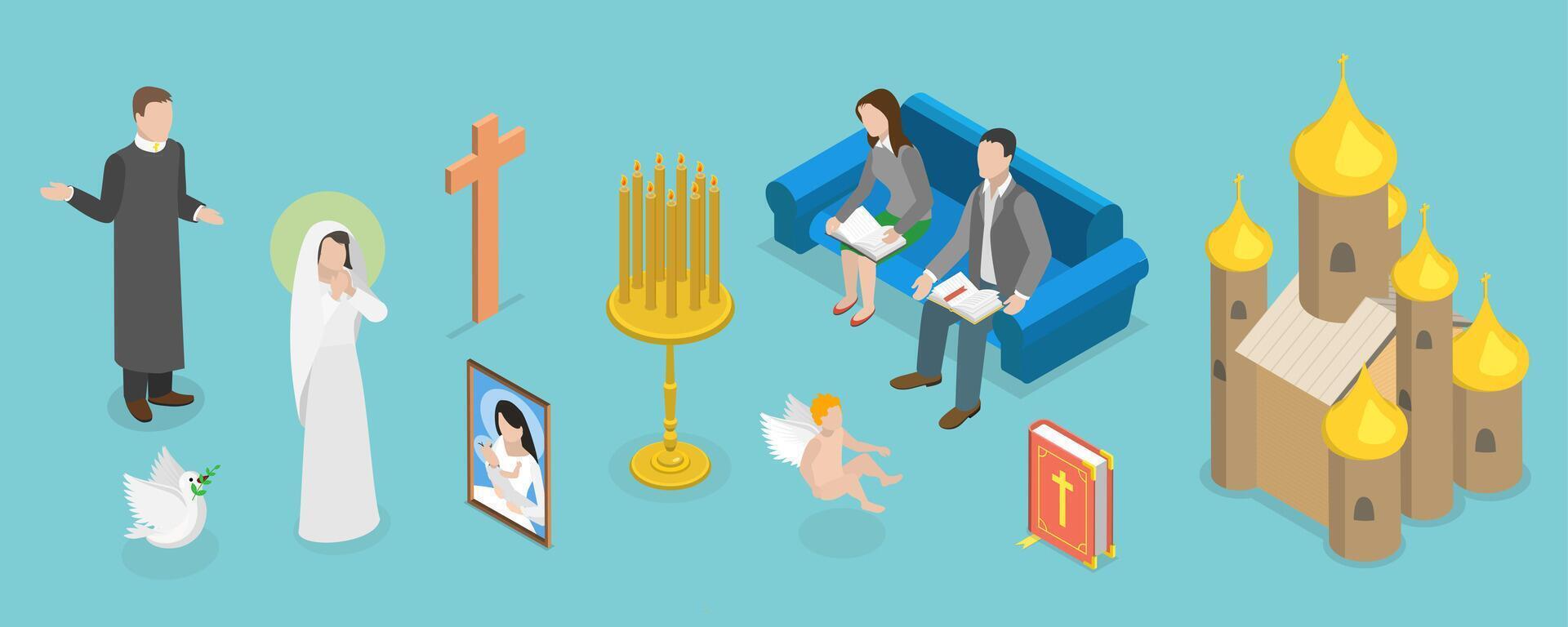 3D Isometric Flat Conceptual Illustration of Ortodox Christianity, Characters, Items and Buildings vector