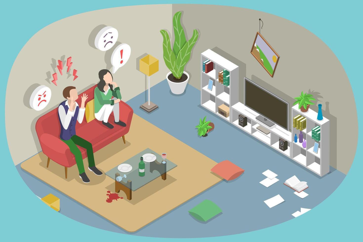 3D Isometric Flat Conceptual Illustration of Quarreling Couple, Domestic Conflict vector