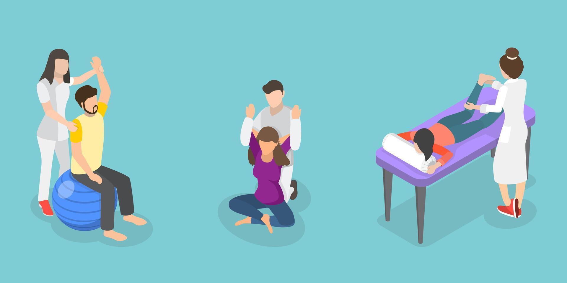3D Isometric Flat Conceptual Illustration of Physiotherapist, Massage Therapists at Work vector
