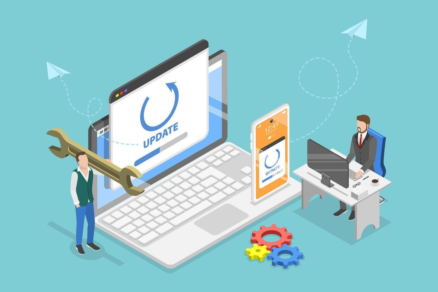 3D Isometric Flat Conceptual Illustration of System Update, Setting up Computer vector
