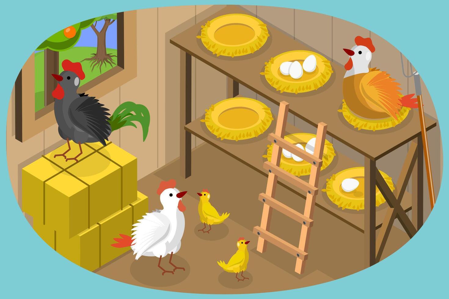 3D Isometric Flat Conceptual Illustration of Chicken Barn, Hen House on Farm vector