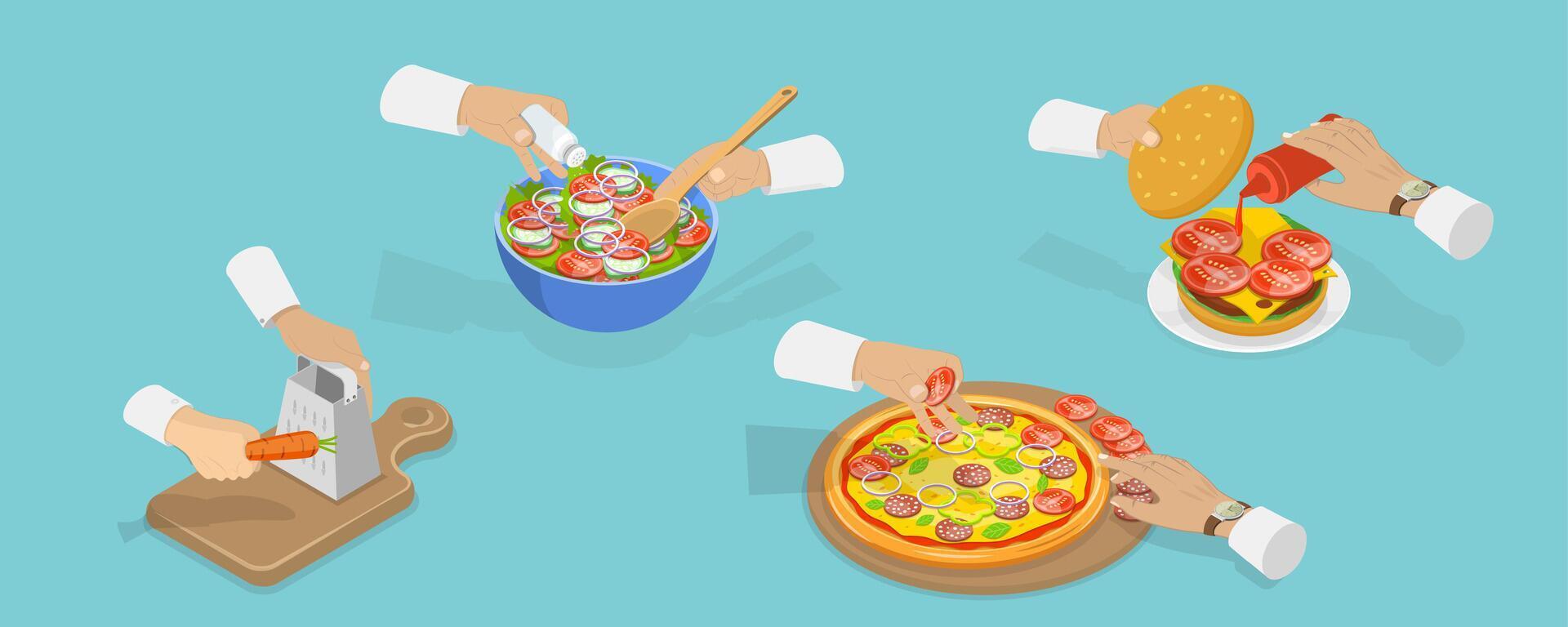 3D Isometric Flat Set of Culinary, Cooking at home vector